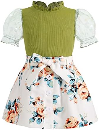 CBHaiblyd פעוט ילדה בגדי שמלת שרוול רשת שרוול מדומה חולצה חולצה+חגורת עצמית חצאית נמר פרחונית