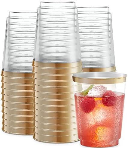 פלסטיק חד פעמי 10 אונקיות כוסות פלסטיק צלולות קריסטל עם שפת זהב למסיבות וחתונות של 50