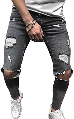 סקיני קרע ג 'ינס לגברים במצוקה נהרס רזה בכושר ג' ינס מכנסיים אופנוען היפ הופ ז ' אן מכנסיים עם חורים