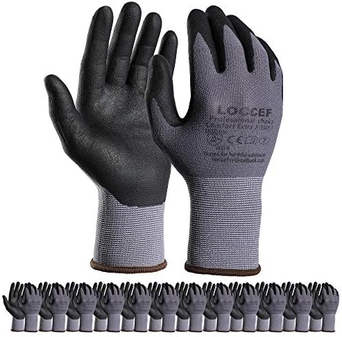 עבודות בטיחות של Loccef כפפות מיקרו-פואם מצופה 12 זוגות, כפפות ניילון סרוגות חלקות, שיפוץ ביתי, כפפות