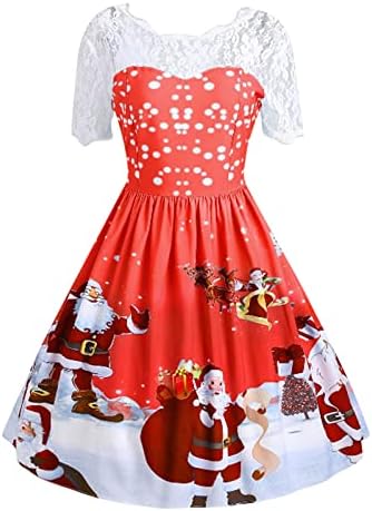 שמלת תחרה פרחונית אלגנטית לנשים חג המולד סנטה קלאוס שרוולים קצרים שמלות מודפסות סגנון וינטג 'שמלת מסיבות