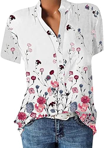 חולצות שרוול קצרות של נשים חולצות פרחים פרחיות פרחיות חולצות הנלי עמוק V צוואר גולף צוואר סטרץ בראנץ
