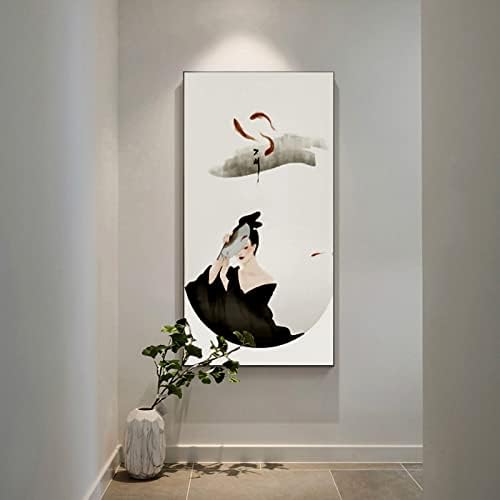 ציור שמן אנכי מצויר ביד - מופשט יפני UKIYO בגודל גדול ציור שמן שמן על בד, יצירות אמנות מודרניות למסדרון