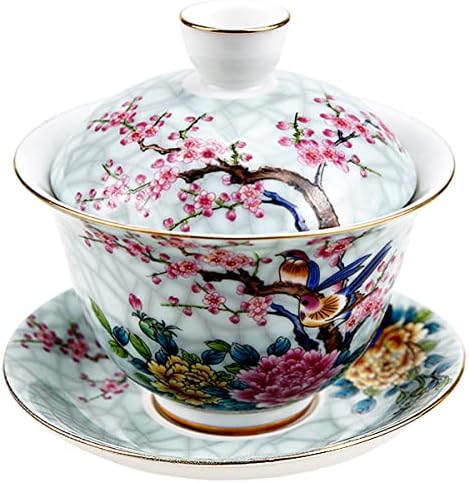 כוס תה קרמיקה סינית של פרצאיש, ערכת תה אמייל מסורתית עם מכסה קערת תה וצלוחית מצוירת ביד - סט תה גאיוואן לשקיות
