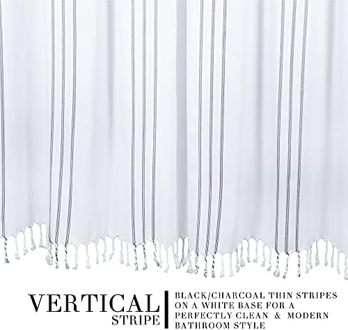 הול ופרי מודרני וילון מקלחת פס מעבר לבן עם גדילים - קווים שחורים אנכיים מפוספסים כותנה, 72 x 72