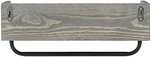 קיר mygift רכוב וינטג 'אפור עץ מלא מדף צף, מדף תצוגה תלוי עם מוט קולב מתכת שחור ו -4 שניות ווים