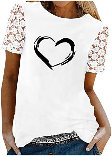 מקרית קיץ חולצות לנשים 2022 לבן האהבה תחרה חור קצר שרוול צווארון עגול חמוד חולצה לב הדפסת גרפי טיז