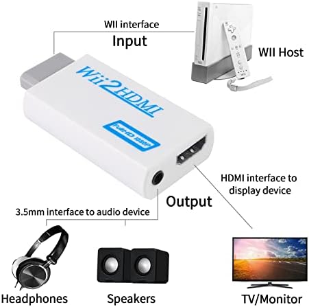 Aokin Wii לממיר HDMI, Wii למתאם HDMI 1080p 720p וידאו פלט עם שקע שמע 3.5 ממ, מתאים ל- Wii Connect HDTV, צג