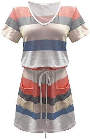 נשים מקרית קצר שרוול שמלה עם כיסי צבע בלוק חופשת קיץ שמלות אופנה פסים חולצת טי שמלה