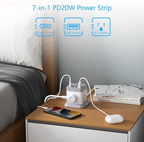PD 20W USB C מגדל כוח עם מטען אלחוטי, קוביית אנכית מרחיב חשמל הניתן להחלפה עם 3 שקעים, 3 USB ו- 1 USB-C