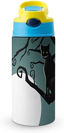 כוס תרמוס 500 מל חתול שחור ירח בקבוק מים מבודד עם קש לספורט ונסיעות