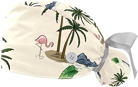 כובעים רפואיים לנשים עם כפתורים שיער ארוך, כובע עבודה מתכוונן 2 חלקים, דפוס פלמינגו של עץ הדקל בחוף