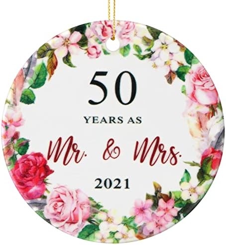 2021 קישוטי חג המולד 50 שנה כקישוט MR & MRS, פרחים קרמיקה מודפסת בצד 50 שנה נשואה קישוט זיכרון לקישוט זיכרון