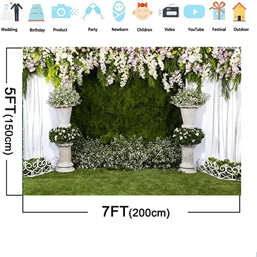 Mestiker 7x5ft קשת פרחים חתונה תפאורה קיר צמח ירוק חיצוני טקס צילום צילום באנר פרחים פרחים וילון לבן קישוט תפאורה