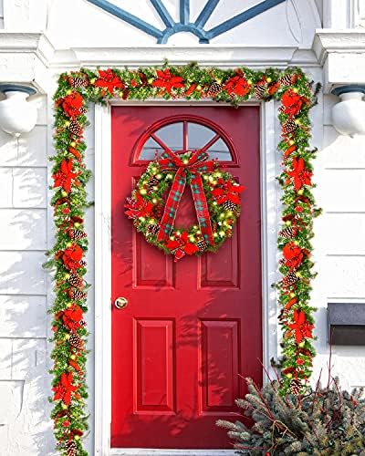 פוינסטיה זרי חג המולד לדלת הכניסה DDHS 24 זר חג מולד גדול עם אורות קשת אדומה פרחי חג מולד פרחים
