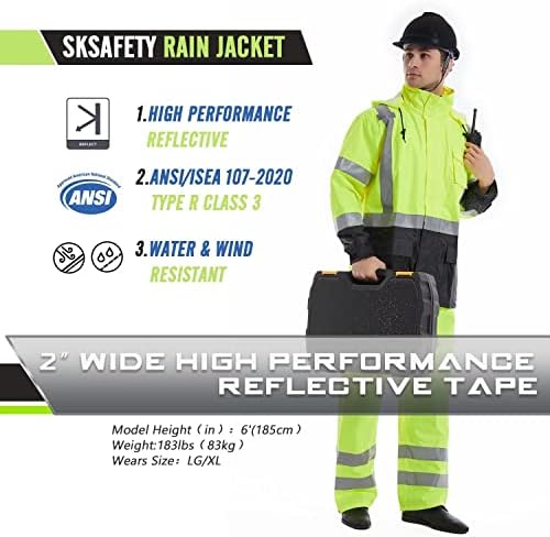 ז'קט גשם בטיחותי של Sksafety, מעיל גשם ברמה המקצועית ברמה המקצועית 3, חליפות גשם ויסו עם רוכסן אטום למים