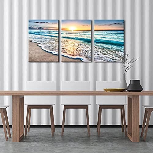 וויקו אמנות 3 פנלים כחול חוף זריחת לבן גל תמונות על בד קיר אמנות מודרני נמתח וממוסגר נוף ימי הדפסי בד