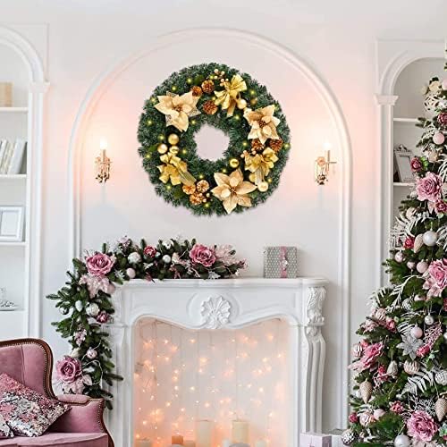 דלת כניסה של זר חג המולד של 22 אינץ ', 22 אינץ' עם אורות זהב, אשוחית, קשתות סרט, חרוטים אורנים, פירות