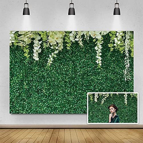 Yeele 15x10ft דשא ירוק קיר קיר חתונה תפאורה פרחים לבנים עלים ירק צילום רקע רקע חיצוני ליום הולדת מסיבת עוגת חתונה