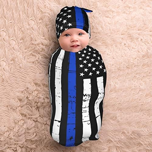 Ykklima baby שמיכה חוטית של יילוד עם כובע Beanie- קו כחול אמריקאי ארהב כוכבי משטרה דפוס דגל מקבל