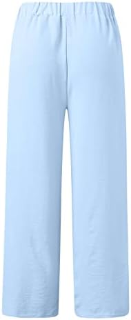 Meymia נשים מכנסי פשתן כותנה מכנסיים קז'ן קל משקל קל בצבע מוצק רופף רופף רגל רחב רגל מותניים אלסטיים