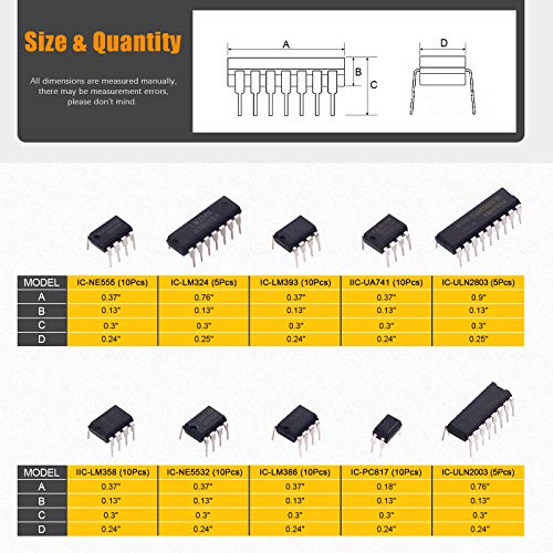 Rustark 85 PCS 10 סוגים ערכת מגוון שבב משולב מעגל משולב OPAMP, מתנד כולל LM324, LM358, LM386, LM393, UA741,
