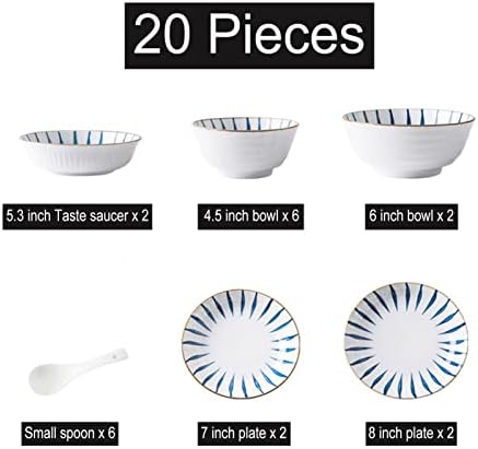 20 חלקים של כלי אוכל חרסינה לשירות ל 6 צלחות וקערות עגולות של מטבח כחול לבן מגדיר מאכלים מודרניים