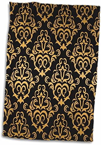 תלת מימד ורד גלאם זהב ושחור מגבת דפוס דמשק גדולה, 15 x 22, רב צבעוני