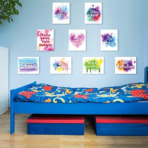 סט של 9 צבעי מים השראה קיר אמנות הדפסי מופשט צבע מוטיבציה ציטוט ביטויים כרזות לסלון משרד בכיתה ילדים חדר
