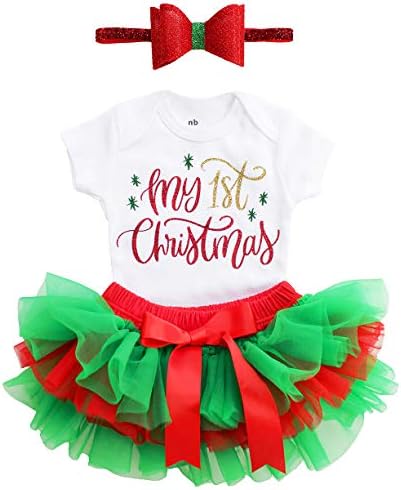 3 יחידות יילוד תינוקת שלי 1 חג המולד תלבושת סרט טוטו בלומר בגד גוף עם זהב ירוק אדום גליטר מילות