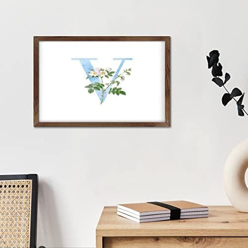 שלט עץ ממוסגר כפרי כחול מונוגרמה ראשונית אותיות V תפאורה כפרית לחלון שלטי עץ דקורטיביים במצוקה פרחים מונוגרמה