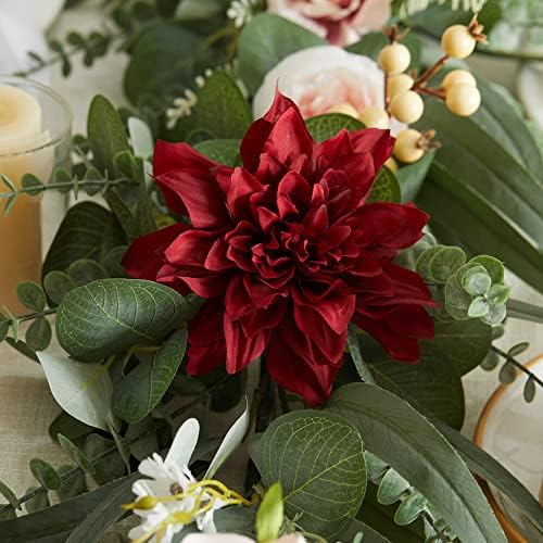 פרחים מלאכותיים גרלנד של אנה גחמה 8.85ft Eucalyptus זר עם פרחים, ורדים דליה גרלנד לארוחת חזרות לחתונה
