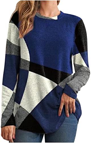 סוודר שרוול ארוך עגול מזדמן לנשים, סווטשירטים הדפס גיאומטרי נופלים חולצות חולצות סוודר רופפות חולצות