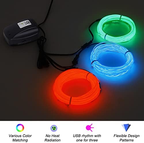 Jiguoor USB El Wire 49.21ft/15 מ 'רצועת אור ניאון בהירה 360 ° תאורה אורות חבל צינור צינור ניאון עבור DIY,