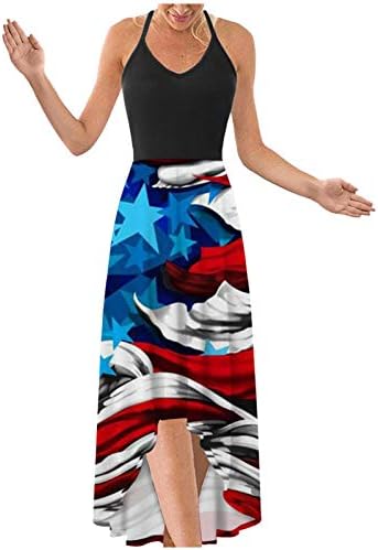 4 ביולי מקסי שמלה לנשים קיץ מקרית בוהו שמלת ארה ב דגל קאמי שרוולים סקופ צוואר כוכבים פסים שמלה קיצית