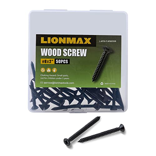 Lionmax 8 x 2 ברגי עץ נירוסטה שחורים, ראש שטוח, כונן pH, לפרויקט עץ מקורה, עמיד בפני קורוזיה, חוטים מלאים, 50