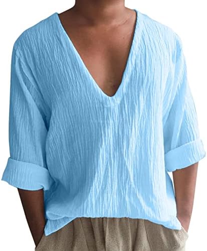XXBR כותנה פשתן נגד חולצות צוואר לגברים, חולצת טריקו לחופשת שרוול ארוך של שרוול ארוך חולצה רופפת