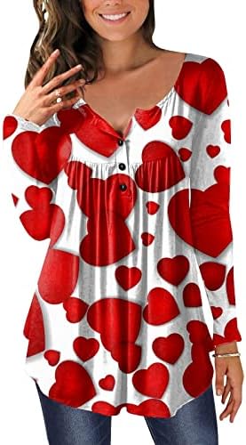 צמרות טוניקה גרפיות של לב חמוד לנשים לנשים שרוול ארוך חולצות קפלים כפתור למטה חולצת טי-צווארון V לחותלות