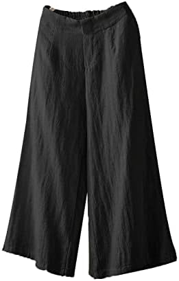נשים של פשתן רחב רגל מכנסיים גבוהה מותן רופף קצוץ חוף מכנסיים אלסטי מותניים כותנה מזדמן מכנסיים