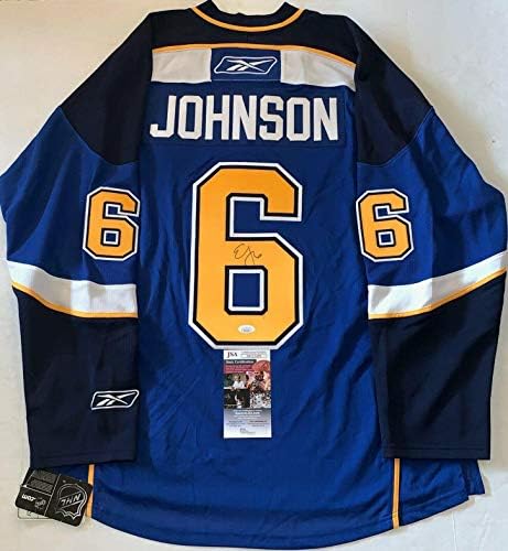 אריק ג'ונסון חתם על סנט לואיס בלוז ג'רזי חתימה על JSA - גופיות NHL עם חתימה