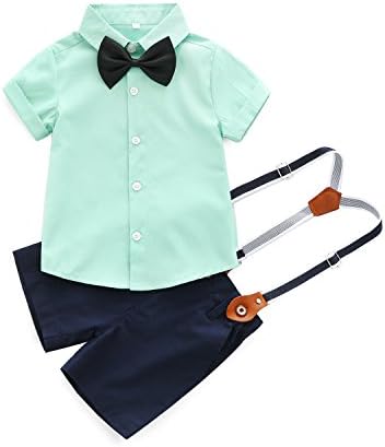 Hywer 2PCs בגדי תינוקות מגדירים חליפת ג'נטלמן כותנה חולצה שרוול קצר + קשת + כתפיות קצרות