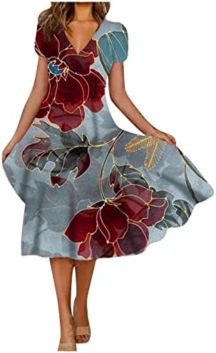 שמלות קיץ לנשים בתוספת גודל פרחוני מזדמן שרוול קצר v שמלת צוואר אופנה קו שמלת MIDI זורמת נדנדה