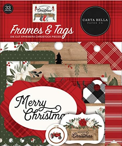 חברת Carta Bella Paper Farmhouse מסגרות ותגים של חג המולד, אדום, ירוק, שחור, עץ עץ, שמנת