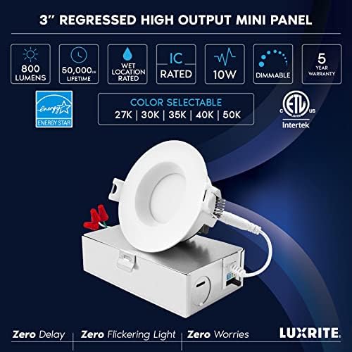 LUXRITE 3 אינץ 'LED נורה תקרה שקועה עם קופסת צומת, 10W, 5CCT ניתן לבחירה 2700K/3000K/3500K/4000K/5000K,