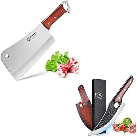 סכיני ויקינג מזויפים של טברו סכין עצם חדים, סכין מערות בעבודת יד, סכין בשר כבד - סכין קצבים בגודל 7.8 אינץ 'לחיתוך
