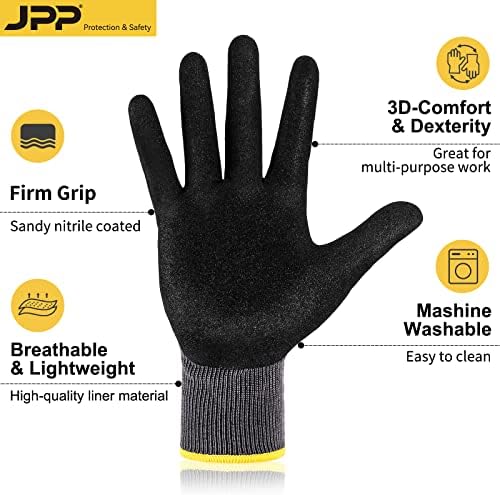 JPP Premium Nitrile Work כפפות, התאמה תלת-ממדית, אחיזה יציבה עם כף יד מצופה חול, סריגה ניילון חלקה, מיומנות,