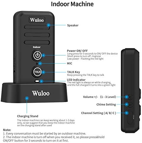 WULOO Wireless Intercom פעמוני דלת לכיתה ביתית, פעמון פעמון דלת אלקטרוני עמיד למים עם טווח 1/2 מייל 3 רמות נפח