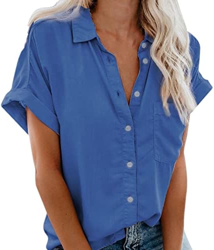 חולצות ג'ינס של Cllios לנשים כפתור טרנדי למטה שרוול ארוך רופף טוניקה טוניקה כחול חולצות ג'ין כחול חולצות