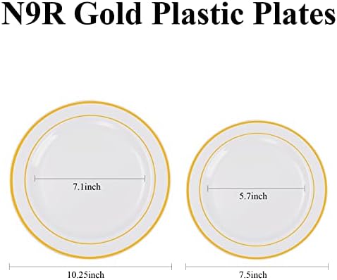 נ9ר 72 מארז צלחות פלסטיק לבנות עם שפת זהב, צלחות חד פעמיות כוללות 36 יחידות צלחות ארוחת ערב 10.25, 36 יחידות