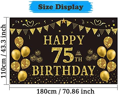 קישוטי יום הולדת 75 של Trgowaul סט: כולל באנר תפאורת יום הולדת זהב שחור 5.9 x 3.6 ft